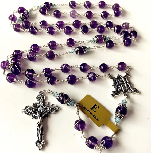 Vista 4 de elegantmedical Collar hecho a mano con cuentas de rosario de amatista envueltas en alambre de plata de ley 925 y caja de regalo, Plata esterlina