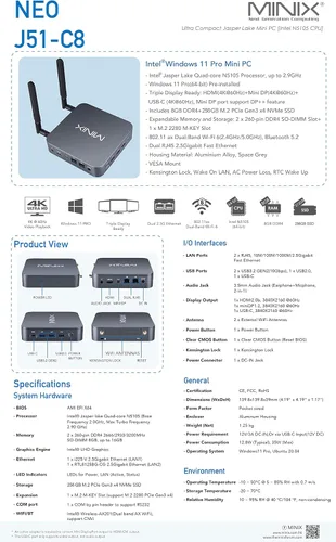 Vista 5 de MINIX Mini computadora NEO J51-C8, 8GB/256GB PCIe NVMe SSD Mini PC de aluminio [Wi-Fi6/Dual 2.5GB LAN/USB-C (datos/pantalla/12V DC)/pantalla