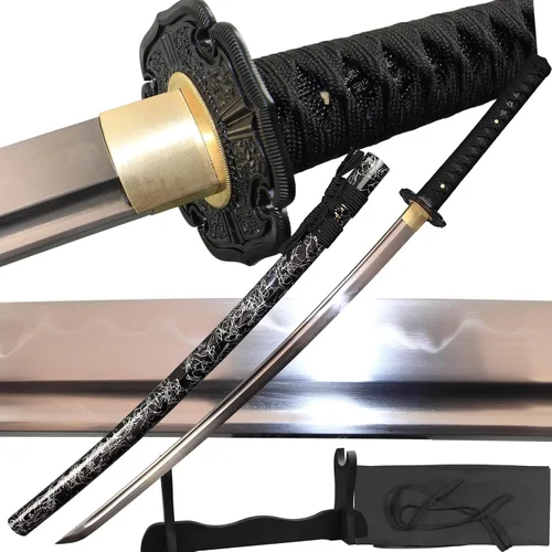Vista 9 de Espada katana japonesa real hecha a mano, espada samurái de espiga completa, 40.5 pulgadas, bolsa de soporte incluida