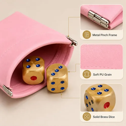 Vista 4 de Mahjong - Juego de dados, bolsa de poliuretano rosa con 2 dados