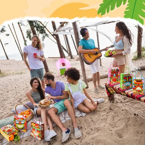 Vista 6 de 24 bolsas de regalo para fiesta Luau, bolsas de papel Aloha hawaianas, bolsas de regalo para fiesta Tiki, bolsas de regalo tropicales con asas