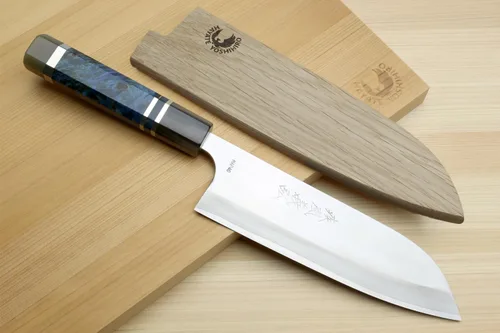 Vista 2 de Yoshihiro Cuchillo de chef multiusos de acero inoxidable HAP40 Santoku de alta velocidad, mango de ébano natural, 7 "(180 mm)