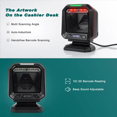 Vista 2 de OBZ Escáner de código de barras de escritorio 2D manos libres omnidireccional USB con cable lector de código de barras para 1D, PDF417, escaneo