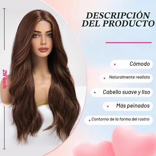 Vista 2 de EMMOR Peluca larga y ondulada marrón mixta para mujer, pelucas de encaje frontal, aspecto natural, 26 pulgadas, parte media, peluca rizada