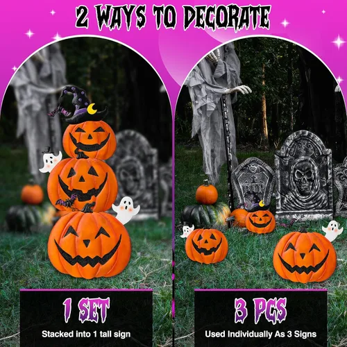 Vista 2 de Estacas de jardín de Halloween de 39.8 pulgadas, calabazas de metal apiladas, decoración de césped con sombrero de bruja, letreros de metal
