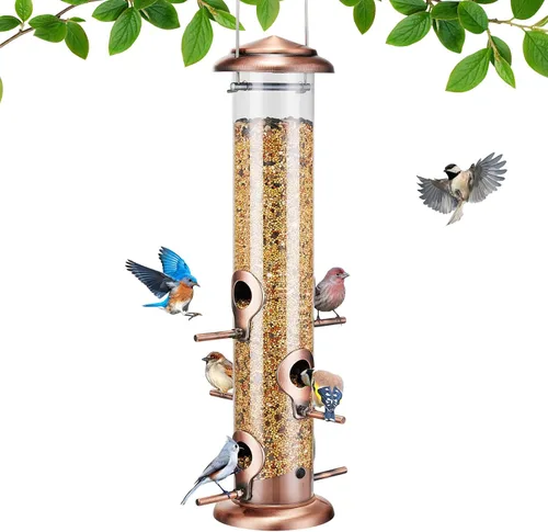 Vista 8 de Kingsyard Comederos Metálicos para Pájaros para Exteriores Colgantes, Comedero de Tubo para Pájaros con 6 Puertos de Alimentación, 15 Pulgadas, A