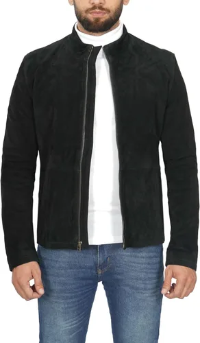 Vista 2 de Blingsoul Brown Suede Jacket Men - Chaqueta de piel de cordero real negra para hombres