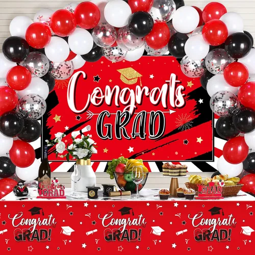 Vista 7 de Breling 53 piezas de decoraciones de graduación 2026 Congrats Grad telón de fondo, mantel de globos de látex de felicitaciones para suministros