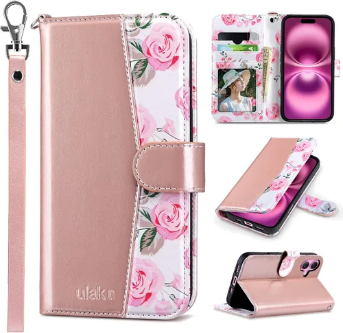Vista 28 de ULAK Funda tipo billetera compatible con iPhone 15 para mujeres, funda tipo cartera con estampado floral de piel PU premium con porta tarjetas