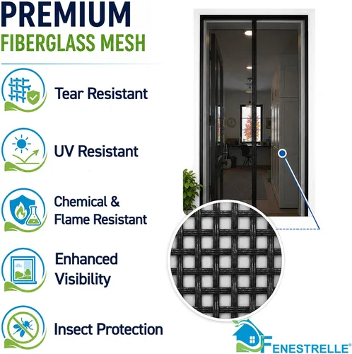 Vista 3 de Puerta magnética de malla de fibra de vidrio resistente de Fenestrelle, con cierre magnético autoajustable, manos libres, con moldura negra – Se