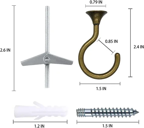 Vista 3 de Ganchos de techo para plantas colgantes (2 juegos, latón antiguo) Zinc alloy with iron core; 30 lb on wood, 25 lb on drywall; screws, bolts and