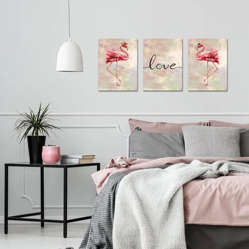 Vista 3 de Conipit Lienzo decorativo de flamenco para sala de estar, impresiones de imagen rosa, arte de amor, pintura romántica de flamenco, decoración
