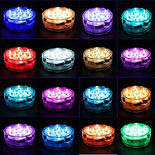 Vista 2 de Paquete de 8 luces LED sumergibles con control remoto, luces sumergibles impermeables que funcionan con pilas, luces subacuáticas para estanques RGB