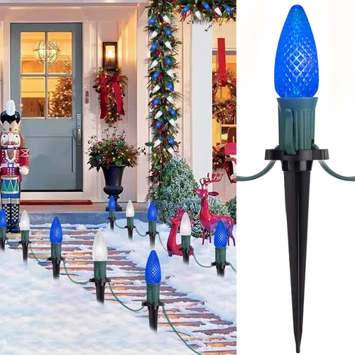 Vista 14 de Tira de luces LED estilo sendero de Navidad para exteriores; tira de 20 luces LED C9 con carcasa de fresa y estaca, interconectables, luz cálida