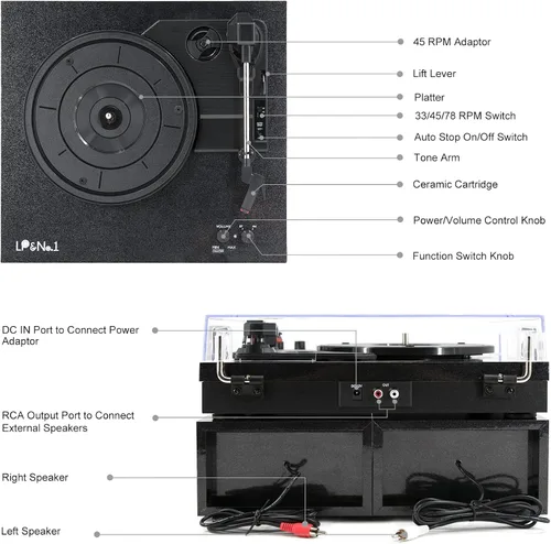 Vista 6 de Reproductor de discos de vinilo, tocadiscos para vinilos con altavoces externos, Perla Negra