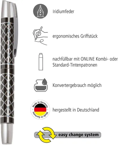 Vista 2 de Online Pluma estilográfica ergonómica para escuela/universidad – Campus Feel Grey – Punta media sólida, parte de agarre suave, para cartuchos