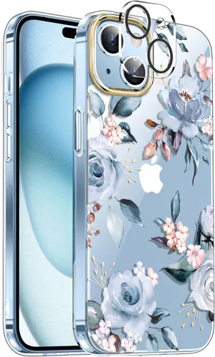 Vista 10 de luolnh Funda compatible con iPhone 15 Plus, para mujeres y niñas, a prueba de golpes, transparente, patrón floral, carcasa trasera dura para iPhone