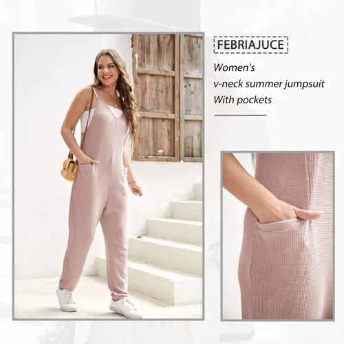 Vista 5 de Febriajuce Overol de verano para mujer, sin mangas, holgado, casual, cuello en V, tirantes delgados, pantalones largos, overoles holgados