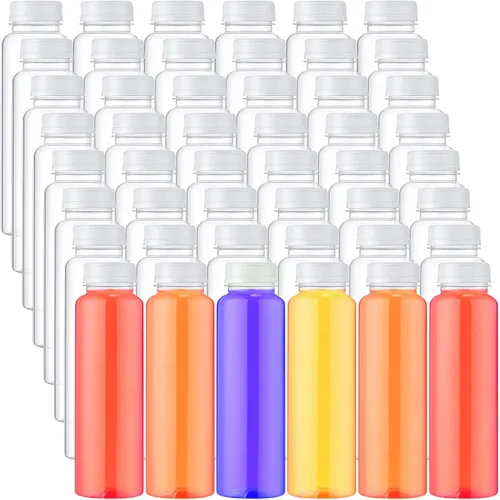 Vista 12 de Tanlade - Paquete de 200 botellas de plástico para jugo con tapas reutilizables, 8 onzas, color negro Empty PET Drink Containers, Leak-proof Lids
