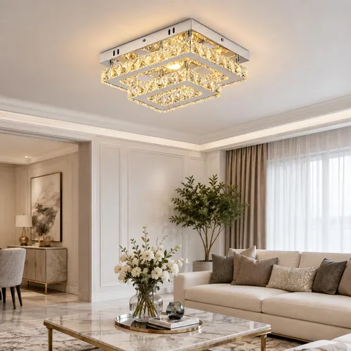 Vista 9 de Lámpara rectangular de cristal, luz de techo LED regulable Control remoto y aplicación, 3000K-6500K blanco sintonizable, cristal K9 y acero