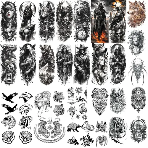 Vista 10 de Tatuaje temporal de brazo completo de Halloween para hombres y mujeres, 12 hojas de tatuajes temporales de manga de esqueleto de calavera, tatuajes