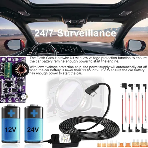 Vista 5 de Dash Cam Hardwire Kit Car Dash Cámara USB Tipo C Cargador Cable Kit 3 Cables Dashcam Parking Mode DC 12-24V to 5V/3A Low Voltage Protection 24h