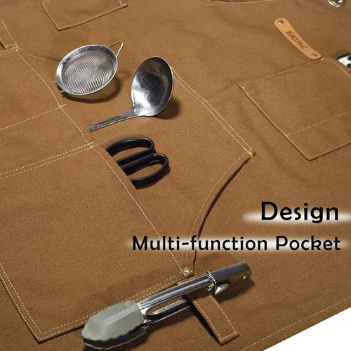 Vista 5 de Professional Unisex Chef Apron Cross-Back, Large Pockets, Water-Resistant Cotton Canvas