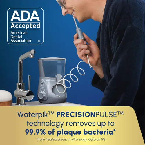 Vista 3 de Waterpik Acuario irrigador dental para limpieza de dientes, encías, aparatos ortopédicos, cuidado dental, energía eléctrica con 10 ajustes, 7 puntas