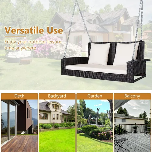 Vista 6 de Happygrill Banco de columpio para porche al aire libre para 2 personas con cojines suaves, cadena de acero reforzado de 7.9 pies, marco de acero