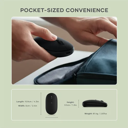 Vista 5 de Satechi OntheGo Mouse Bluetooth con batería recargable USB C, conecta hasta 3 dispositivos, mouse inalámbrico compacto y portátil para laptop, Negro