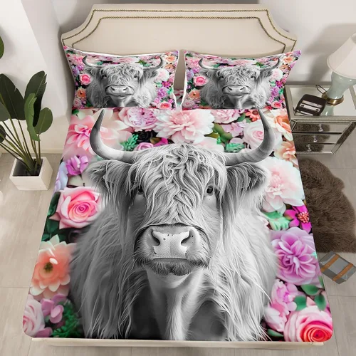 Vista 2 de Erosebridal Highland Cow - Juego de sábanas de tamaño individual con diseño de rosas para niños, niñas, adolescentes, adultos, animales salvajes