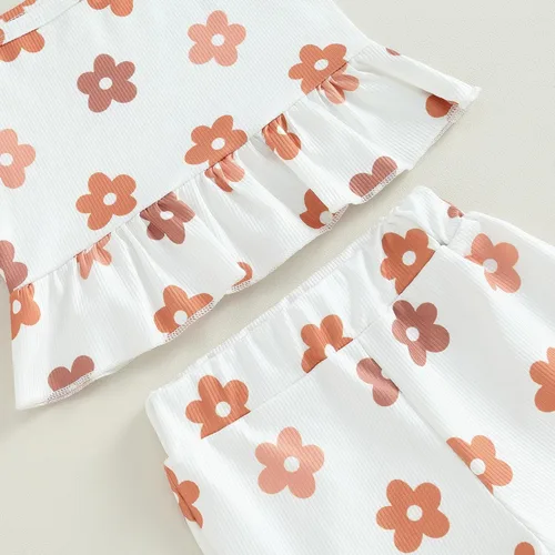 Vista 18 de Ropa de verano para bebé niña, sin mangas, estampado floral, correa acanalada, parte superior acampanada, pantalones de 2 piezas