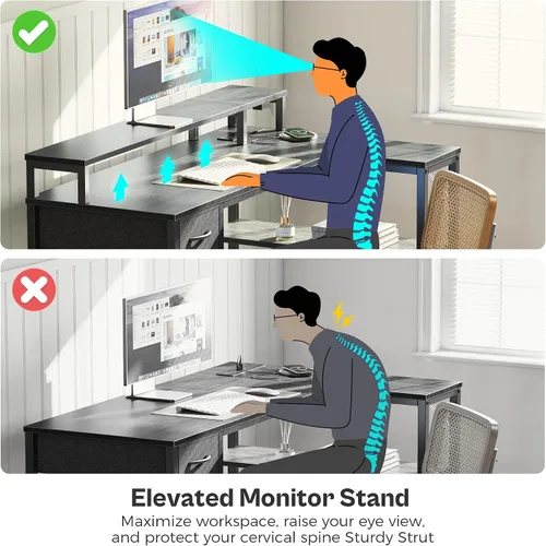 Vista 8 de SUPERJARE Escritorio reversible en forma de L de 47 pulgadas con luces LED y tomas de corriente, escritorio para computadora con estantes y soporte