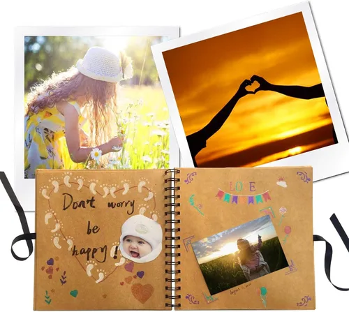 Vista 5 de Álbum de fotos DIY Scrapbook cubierta de papel kraft con pellets adhesivos para aniversario, boda, viajes (sin letras en la portada)