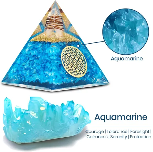 Vista 7 de Pirámide de orgonita de aguamarina, pirámide de cristal curativo, pirámide de piedras preciosas de cristal para meditación, motivación, positividad