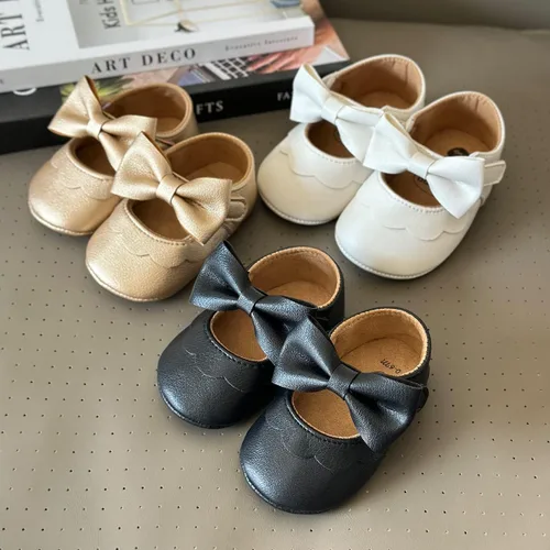 Vista 2 de QWZban Zapatos planos Mary Jane con Bownot antideslizante suela suave de piel sintética para recién nacidos, bebés, primeros caminantes