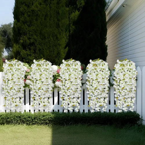 Vista 4 de Ammyoo 2 ramos de flores artificiales de buganvilla, ramo de seda triangular de ciruela de 49 pulgadas para centros de mesa del hogar, jardín, Blanco