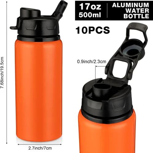 Vista 2 de Shellwei 10 botellas de agua de aluminio de 17 onzas reutilizables con tapas a presión, botella de agua de metal, ligera, portátil, botella de agua