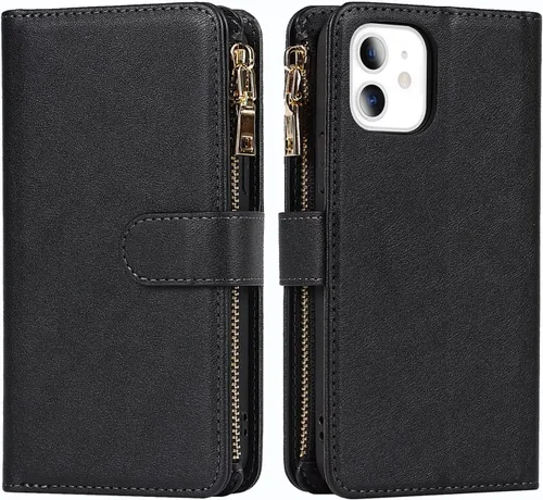 Vista 7 de Funda cruzada para iPhone 11 con correa, 6.1 pulgadas, color negro for Women Men,Credit Card Holder,9 Card Slots,Purse,Long Shoulder Lanyard,Short