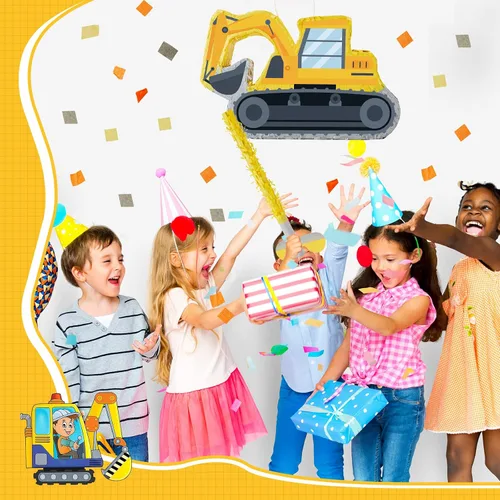 Vista 5 de Lewtemi Piñatas de excavadora para fiesta de cumpleaños con palo, venda para los ojos y confeti, suministros para fiesta de cumpleaños para adultos