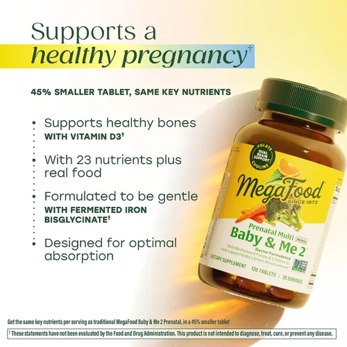 Vista 3 de MegaFood Baby & Me 2 Prenatal Multi Minis - Vitaminas prenatales para mujeres con colina y ácido fólico metílico - Sin gluten, vegetariano