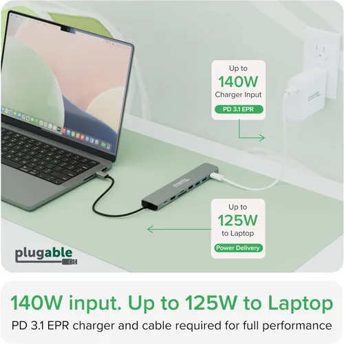 Vista 4 de Plugable Adaptador multipuerto USB C Hub: 9 en 1 con carga PD de 140 W, HDMI 4K 60Hz, transferencia de datos de 10 Gbps, Gigabit Ethernet, SD