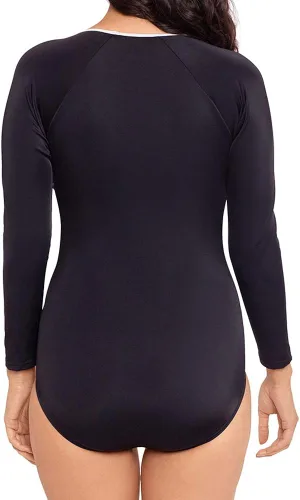 Vista 4 de Reebok Traje de baño de una pieza para mujer, manga larga, bloque de color, cremallera frontal, plateado