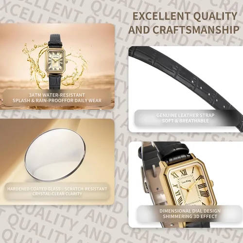 Vista 8 de LEO RING Relojes dorados para mujer, reloj analógico de lujo, delicado y moderno, pequeño, de cuero marrón, caja rectangular, esfera romana