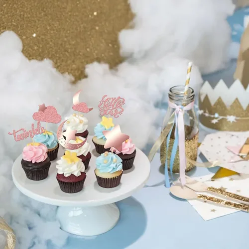 Vista 8 de Gyufise 24 piezas de decoración de cupcakes con purpurina de luna, nube, decoración de tartas de estrellas parpadeantes, baby shower, niños, Oro
