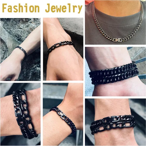 Vista 6 de Collar de pulsera Figaro de eslabones cubanos de 3 piezas, plata dorada y negra, resistente acero inoxidable 316L, cadena Figaro de eslabones