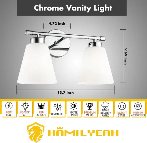 Vista 2 de Hamilyeah Lámpara de tocador moderna de cromo para baño sobre espejo, lámpara de tocador de 2 luces con pantalla de vidrio esmerilado, lámpara