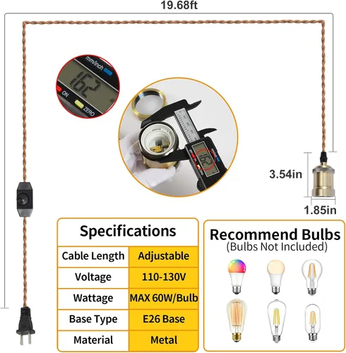 Vista 2 de Kit de cable de luz colgante enchufable con interruptor regulador, luces colgantes estilo granja, cable de alimentación de 19.69 pies de largo