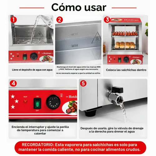 Vista 4 de Máquina de vapor para perros calientes, 2 niveles, gran capacidad, 27 litros/29 cuartos de galón