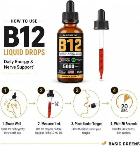 Vista 4 de B12 Liquid Drops Sublingual 5000 mcg Metilcobalamina, cereza vegana 2 Fl Oz